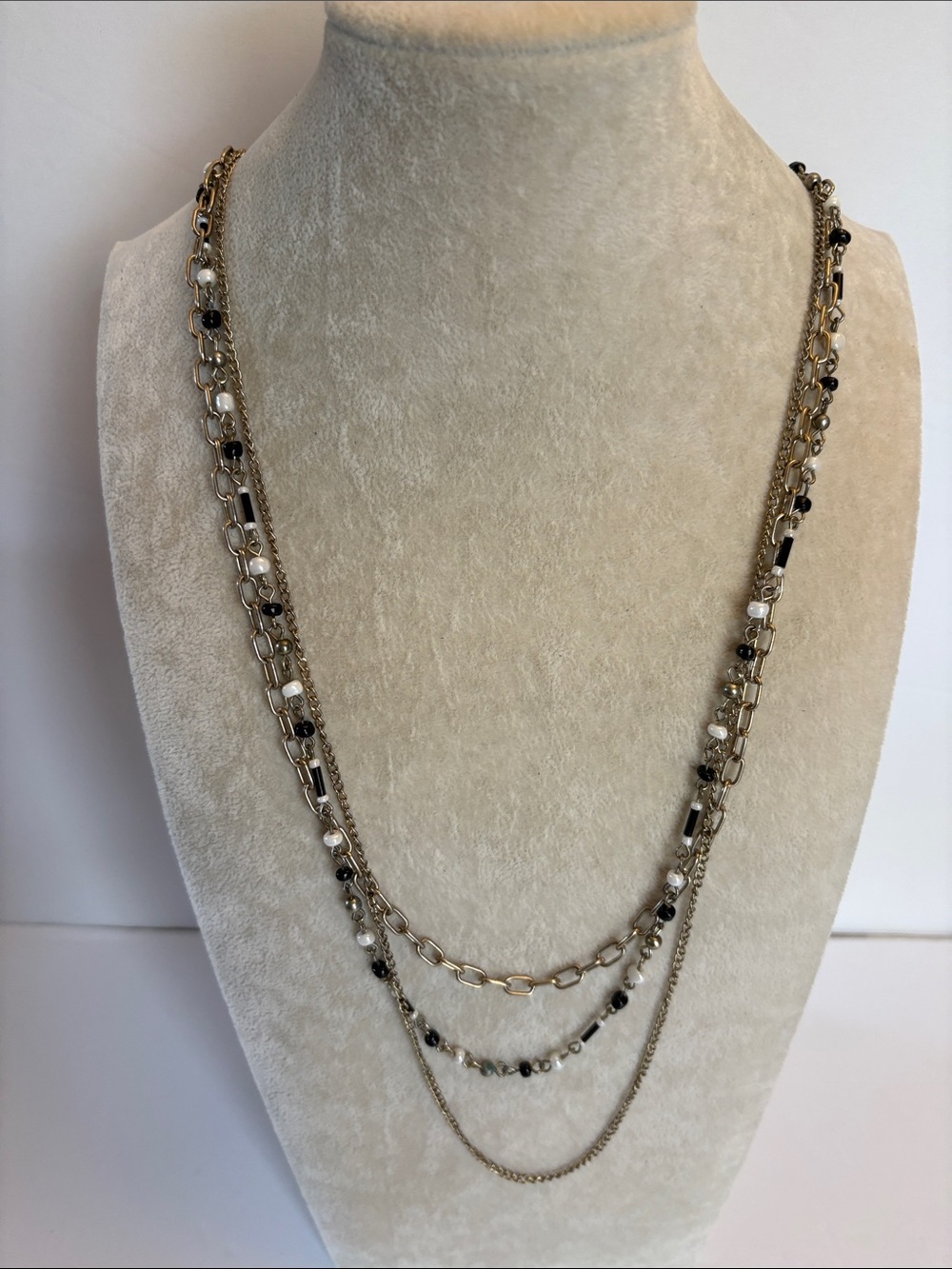 Layered Silver Tone Necklace Black Crystal Beads Long 3 Strand Necklace